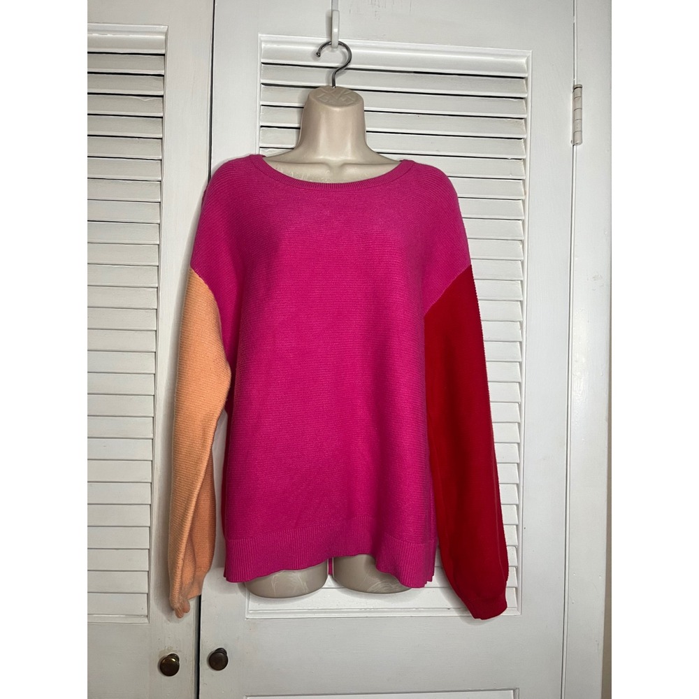 Vtg Style Zesica Womens Colorblock Ribbed Knit Crew Neck Sweater Pink Red XL